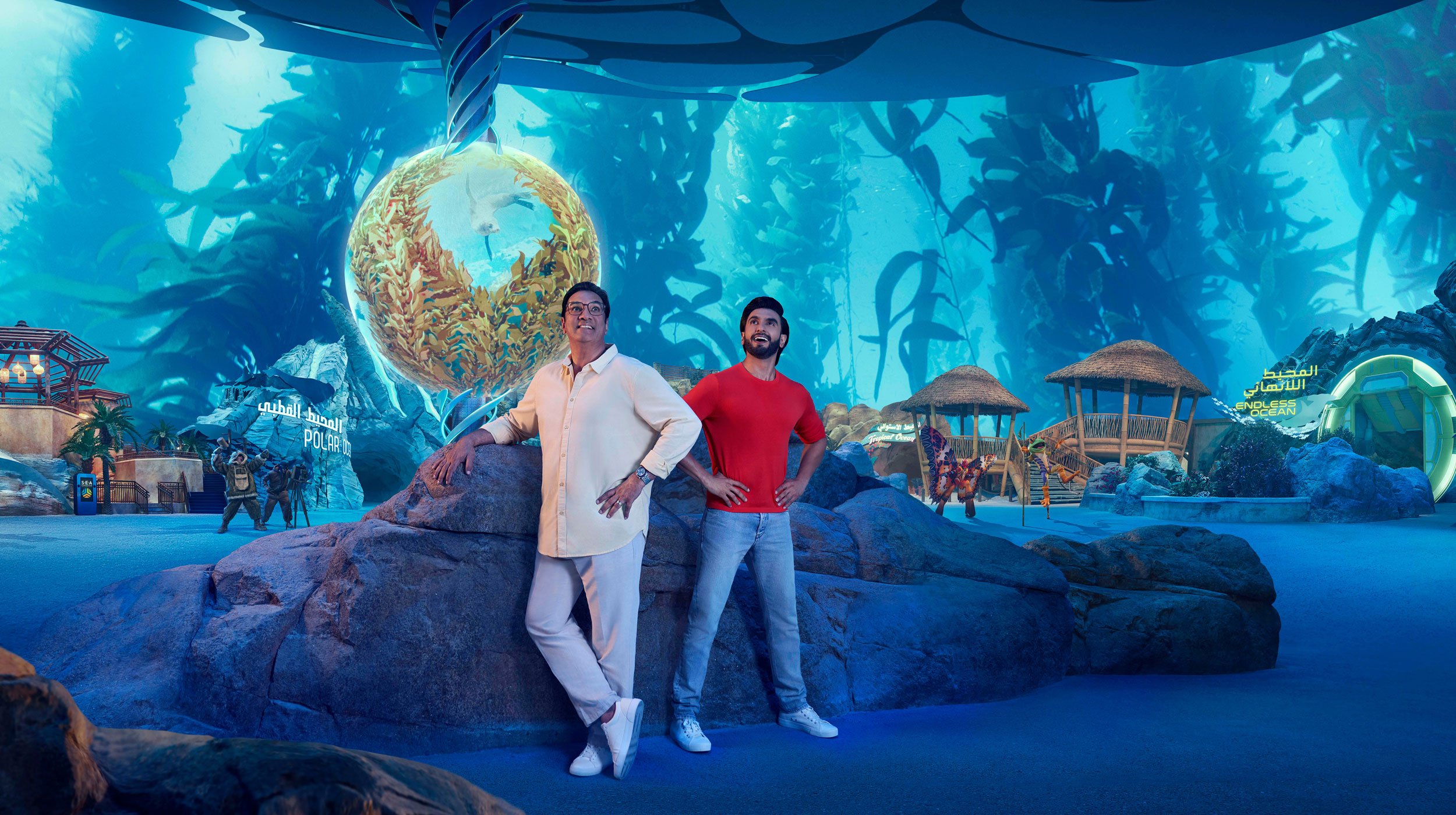Men marvelling at the underwater tank at Seaworld abu dhabi