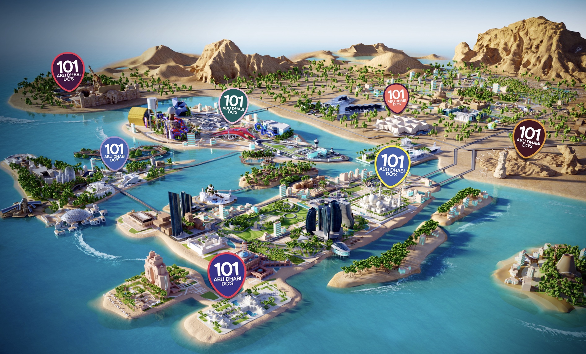 Abu Dhabi animated map with 101 things to do icons
