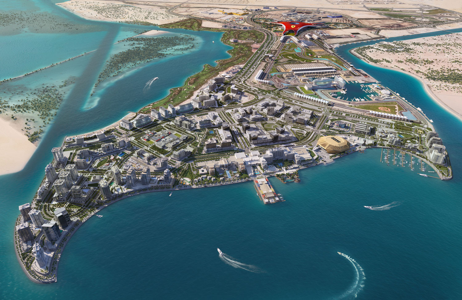 Aerial view of Yas Island, showcasing luxury residences, attractions, and turquoise waterways.